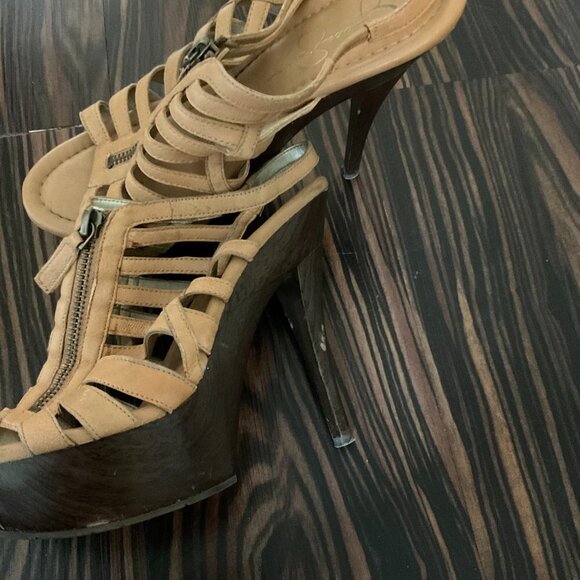 Jessica Simpson Laser Cutout Slingback Sandal Front-Zip Open Toe Size 7 Tan - Picture 3 of 4